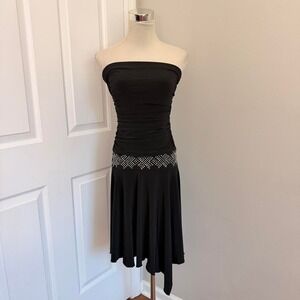 Y2K BLACK 3WISHES STRAPLESS RHINESTONE ASYMMETRICAL MIDI DRESS